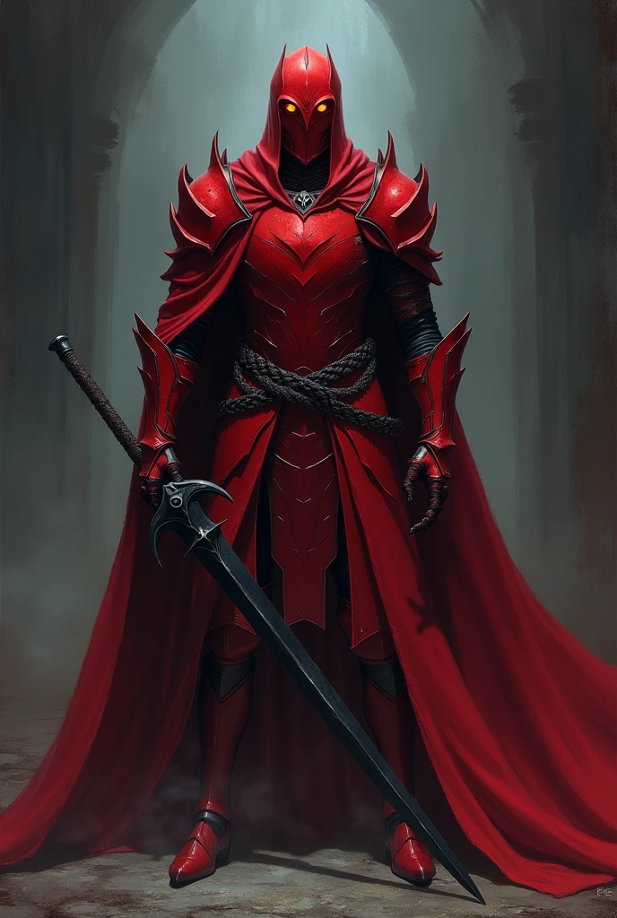 Red knight wearing a red helmet covering his face with red eyes and using a black sword in his hand