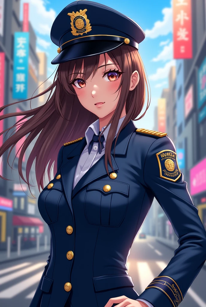 A beautiful anime woman wearing a police officer outfit, she is brunette
