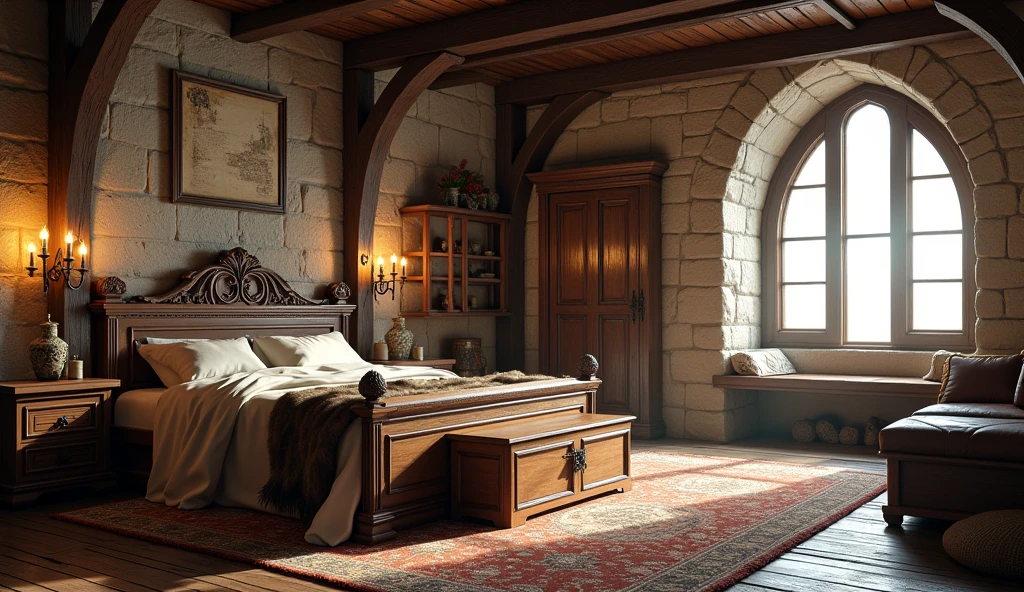 A highly realistic 3D rendering of a medieval game setting, featuring a horizontal medieval room interior. The scene includes natural lighting that casts soft, realistic shadows, highlighting the textures of stone walls and wooden beams. The large wooden bed is positioned so that the side is visible, showcasing its sturdy wooden frame and carved details. The bed is covered with luxurious fur blankets and animal skins, adding a sense of medieval comfort. At the foot of the bed, a wooden chest is placed. Other details in the room include a rustic wooden table with a candle holder, a stone fireplace with a gentle, flickering fire, wooden shelves filled with ancient scrolls, books, and small trinkets, and a large, arched window with heavy, dark curtains. A wooden door is located on the right side of the room, adding to the authenticity of the medieval setting. The rough stone floor is partly covered by a large woolen rug. The overall ambiance is cozy and authentically medieval, with attention to detail in the textures of wood, stone, fabric, and the interplay of light and shadow.