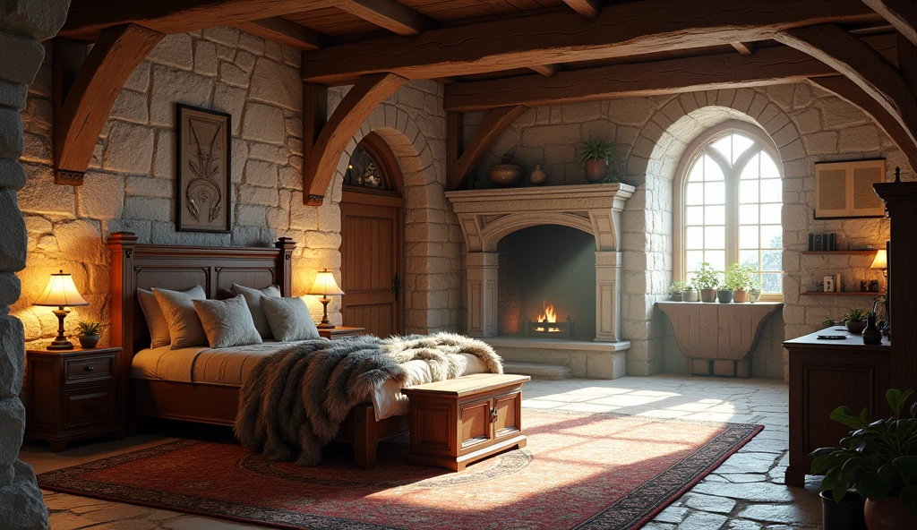 A highly realistic 3D rendering of a medieval game setting, featuring a horizontal medieval room interior. The scene includes natural lighting that casts soft, realistic shadows, highlighting the textures of stone walls and wooden beams. The large wooden bed is positioned so that the side is visible, showcasing its sturdy wooden frame and carved details. The bed is covered with luxurious fur blankets and animal skins, adding a sense of medieval comfort. At the foot of the bed, a wooden chest is placed. Other details in the room include a rustic wooden table with a candle holder, a stone fireplace with a gentle, flickering fire, wooden shelves filled with ancient scrolls, books, and small trinkets, and a large, arched window with heavy, dark curtains. A wooden door is located on the right side of the room, adding to the authenticity of the medieval setting. The rough stone floor is partly covered by a large woolen rug. The overall ambiance is cozy and authentically medieval, with attention to detail in the textures of wood, stone, fabric, and the interplay of light and shadow.