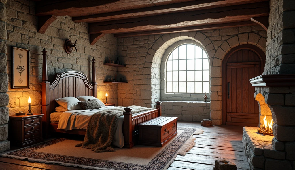 A highly realistic 3D rendering of a medieval game setting, featuring a horizontal medieval room interior. The scene includes natural lighting that casts soft, realistic shadows, highlighting the textures of stone walls and wooden beams. The large wooden bed is positioned so that the side is visible, showcasing its sturdy wooden frame and carved details. The bed is covered with luxurious fur blankets and animal skins, adding a sense of medieval comfort. At the foot of the bed, a wooden chest is placed. Other details in the room include a rustic wooden table with a candle holder, a stone fireplace with a gentle, flickering fire, wooden shelves filled with ancient scrolls, books, and small trinkets, and a large, arched window with heavy, dark curtains. A wooden door is located on the right side of the room, adding to the authenticity of the medieval setting. The rough stone floor is partly covered by a large woolen rug. The overall ambiance is cozy and authentically medieval, with attention to detail in the textures of wood, stone, fabric, and the interplay of light and shadow.