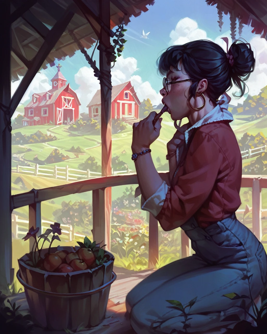 score_9, score_8_up, score_7_up, score_6_up, score_5_up, score_4_up,1girl, sabudengo, kneeling, side view, giving a blowjob, sunny, komorebi, detailed, glasses, black hair in plait, farm background, 