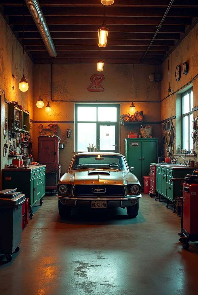 a retro style vintage garage interior, detailed decor, 12 square meters, masculine ambiance, 1970s style, warm lighting, intricate textures, grungy elements, classic car, automotive tools, cinematic lighting, dramatic shadows, rich colors, highly detailed, photorealistic, award winning photography
