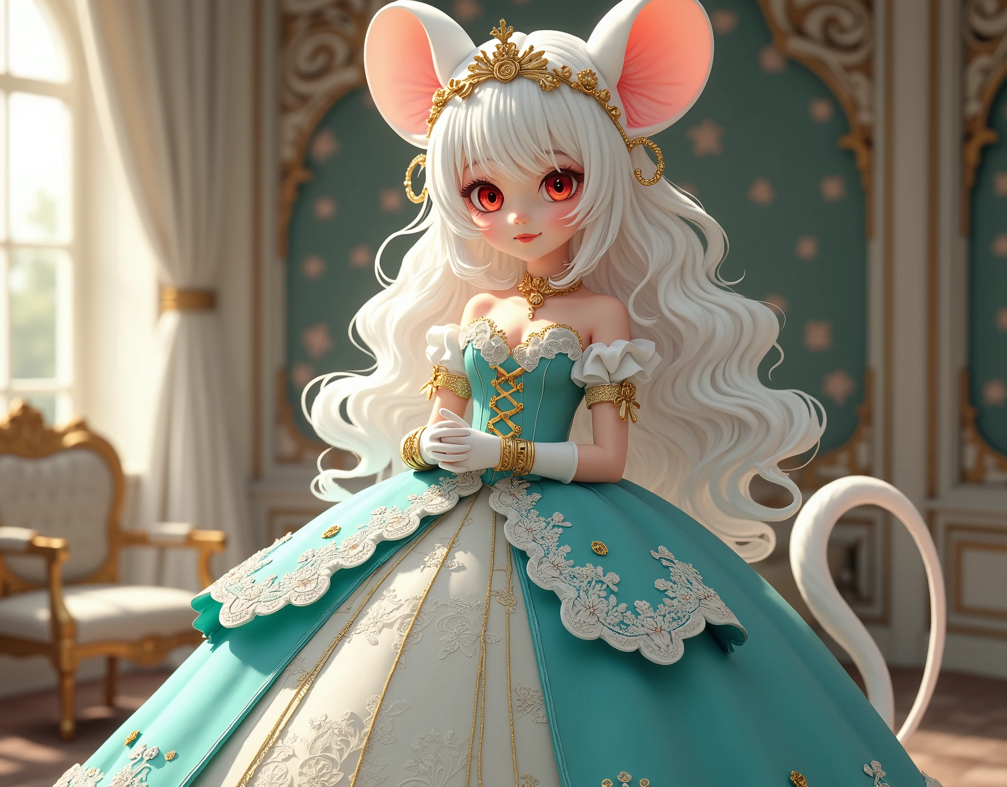 (best quality,4k,8k,highres,masterpiece:1.2), ultra-detailed, Pretty albino girl has a princess, drawn in 2D anime style, steampunk, wearing a turquoise and white princess gown with puffy sleeves, steampunk, gorgeous frilly dress design,flowing gown, elaborate lace details,rich textures,contrast stitching,delicate ribbon bows, seashells embroidery, full skirt with ocean wave pattern,short sleeves,fitted waistline,flared cuffs,lace-up back,luxurious fabrics,flawless silhouette, long curly white hair and red eyes, white fur, smiling, mouse ears and tail, ribboned high heels, white elbow evening gloves, gold bracelets, tiara made of seashells, beautifully detailed lips with lipstick, long eyelashes, eyeshadow, seashell necklace, in a castle bedroom with intricate decoration and luxurious furniture, flower wallpaper, she is happily checking her new princess dress.