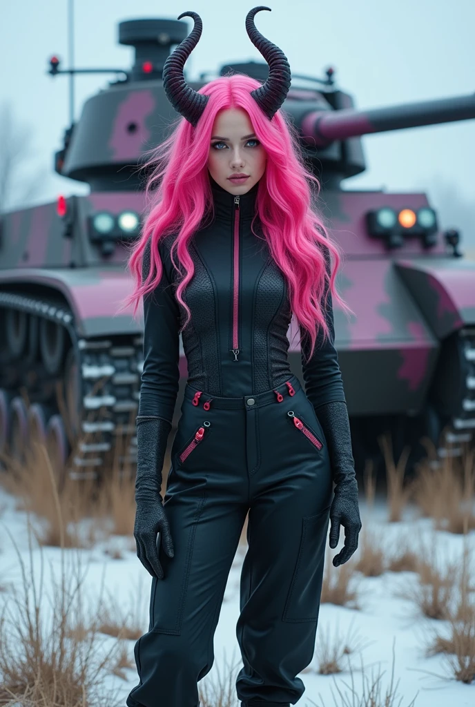 1 very attractive with long wavy bright pink hair, photo taken on Nikon D850, 16K, work of art, detailded, Breathtaking, atmospheric perspective, diffusion, natural skin texture, dslr, Lente 80mm Sigma f2, Depth of field, film grain, complex natural lighting, full body jumpsuit, full body shot of beautiful steampunk demon with icy blue and white lighting standing in a frozen field, light gray and pink, energy-filled illustrations, extremely sexy, rosto e olhos detaildeds, no-makeup, smiling, Altamente detailded, dark fantasy aura, faded colors. standing in front of a huge battle tank with tracked wheels and pink details. with a large illuminated sign saying "FMS"