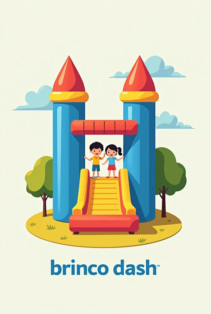 Animated flat logo of a blue, yellow and red colored inflatable castle with the name Brinco Dash in yellow and with a boy and a girl jumping