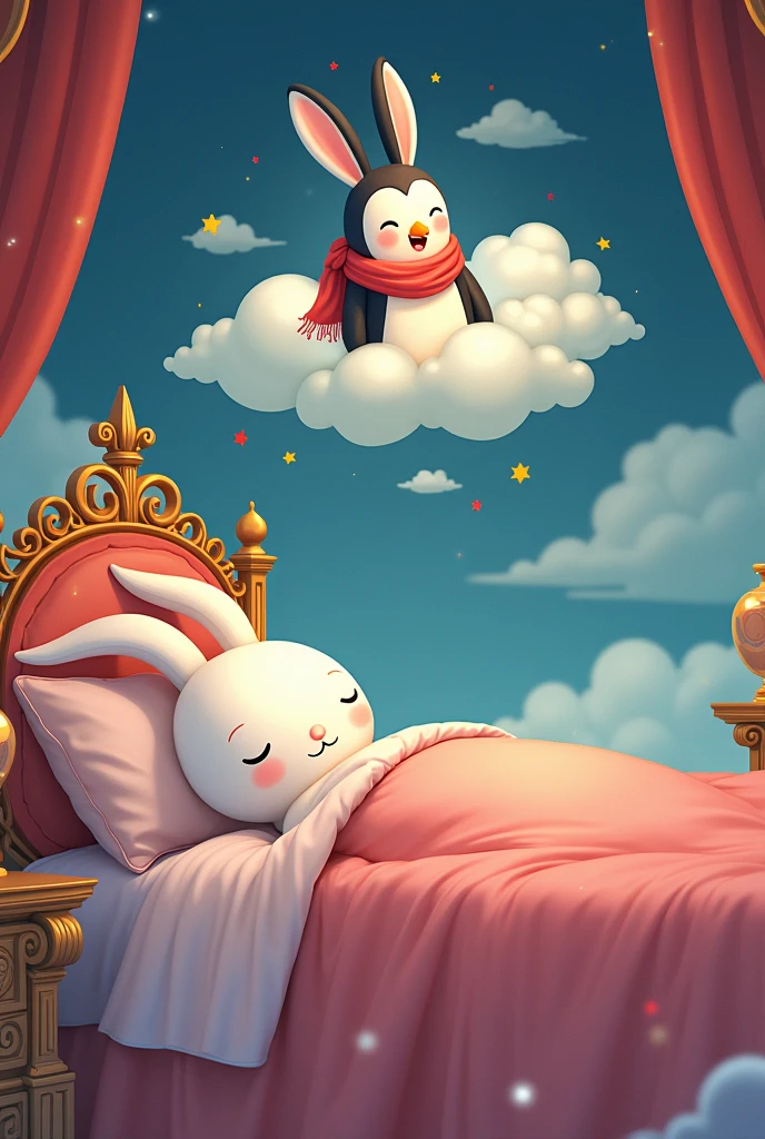 A tall white female animal bunny wearing a pink night dress sleeping her luxurious royal bed in a grand palace dreaming about a cute tall penguin laughing, the penguin is wearing red scarf. The dream should be displayed in the form of dream clouds above her. The princess should not be fat, she should be pretty and slim Cartoon illustration with magical atmosphere.