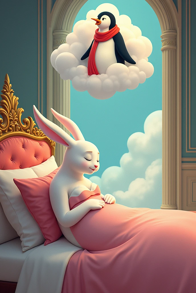 A tall white female animal bunny wearing a pink night dress sleeping her luxurious royal bed in a grand palace dreaming about a cute tall penguin laughing, the penguin is wearing red scarf. The dream should be displayed in the form of dream clouds above her. The princess should not be fat, she should be pretty and slim Cartoon illustration with magical atmosphere.