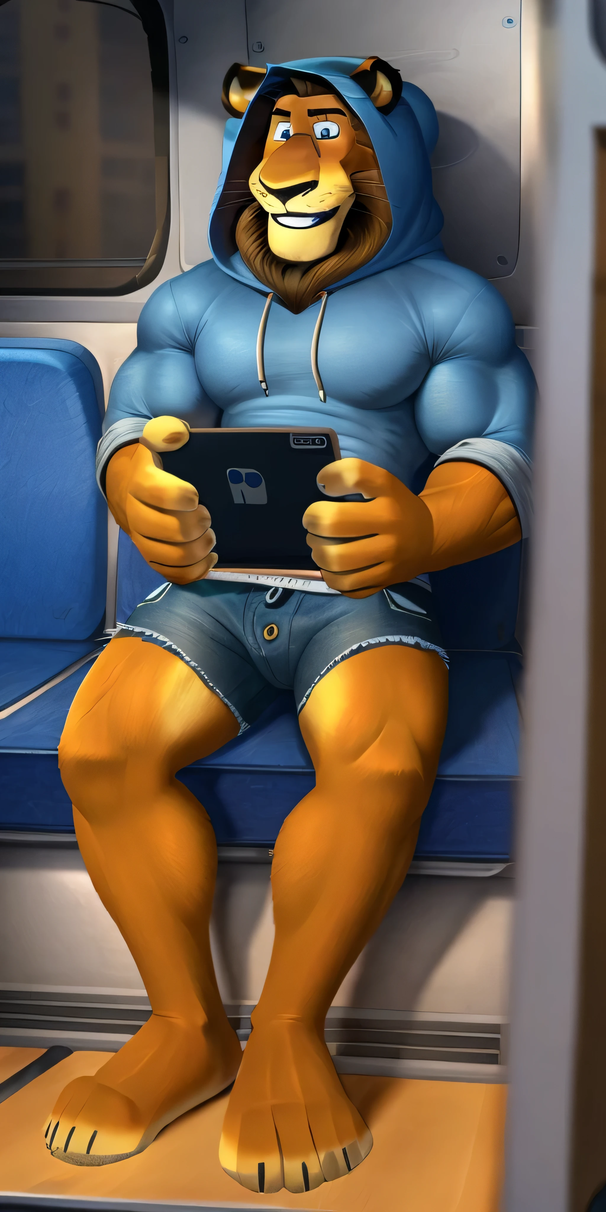 Alex the Lion, muscular body, big biceps, extremely beautiful and cute face, perfectly detailed blue eyes with perfectly detailed pupils, wears blue sweatshirt, hood, denim cargo shorts, bare feet, sitting in bus, watching videos on tablet, friendly look, cute smile