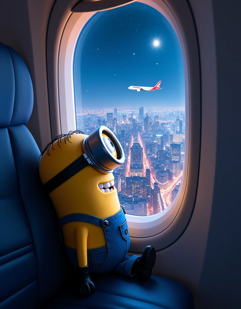 Minion Kevin . Cậu ngồi trên máy bay cất cánh nhìn ra từ cửa sổ máy bay thấy ánh đèn thành phố Tokyo từ trên cao