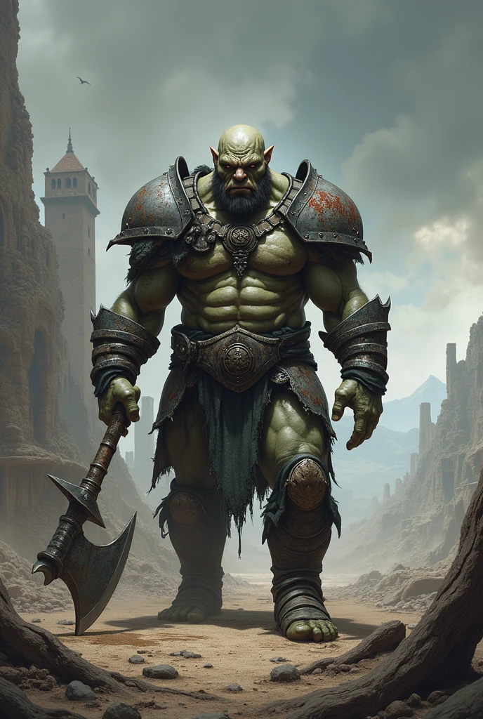 orc, ax, old armor, art without colors, pos apocaliptico, Mediovale, High definition, realisitic