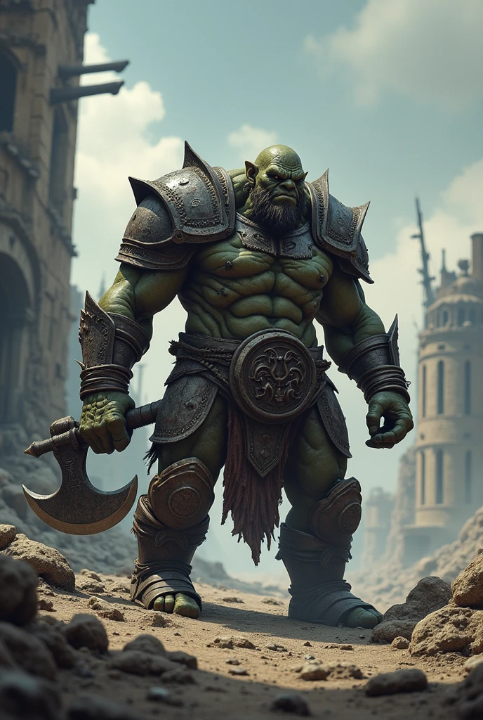 orc, ax, old armor, art without colors, pos apocaliptico, Mediovale, High definition, realisitic