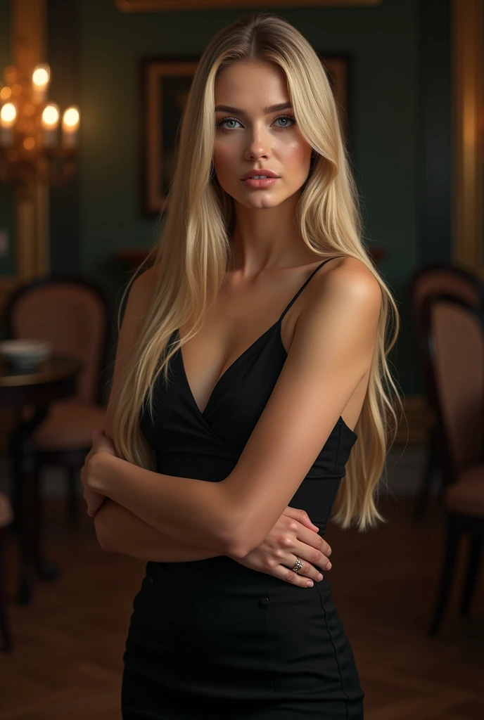 a very realistic and detailed photo of a beautiful french woman, tight black skirt, perfect makeup, long straight blonde hair, high quality, photorealistic, 8k, luxury, elegant, sophisticated, confident, studio lighting, cinematic, glowing skin, piercing eyes, full lips, sharp focus