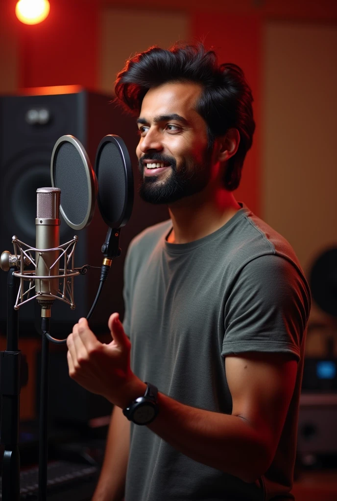 Indian singer male in sound studio with microphone dress tshirt