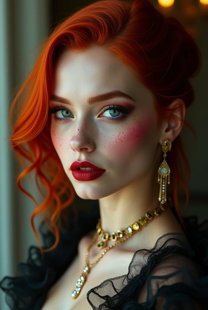 A very beautiful toreador vampire with extremely red hair, she has one blue eye and one green eye, she also has freckles, She has noble origins and is very fond of jewelry and always wears high heels., your high heel is elegant and chic, put her in modern clothes