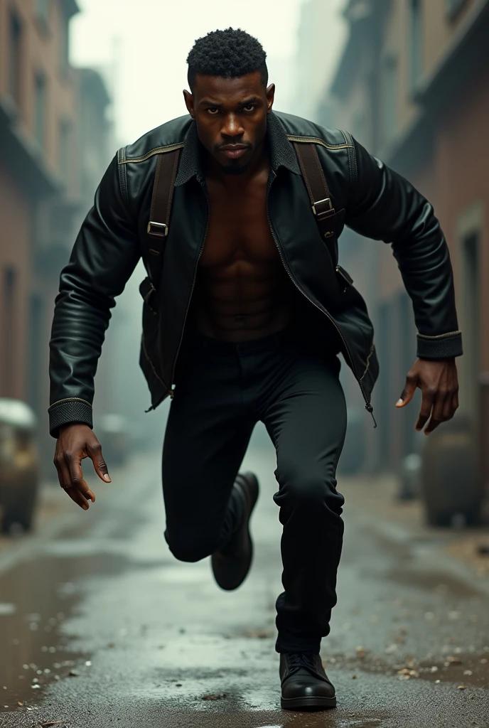 Dark skinned man not so muscular preparing to jump