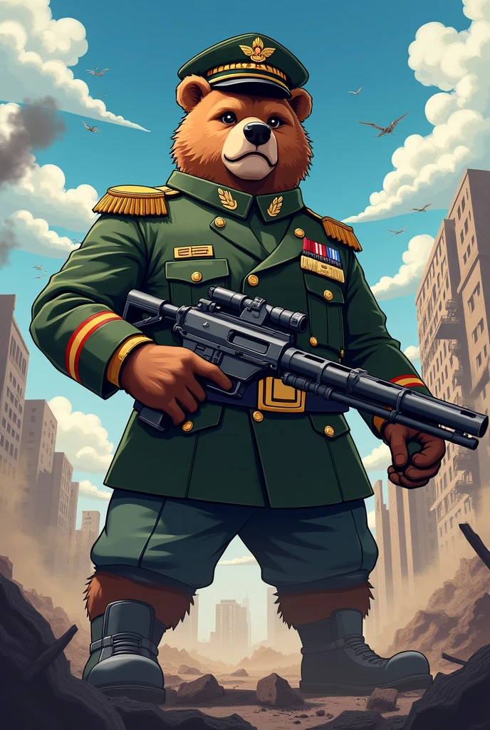 A bear dressed as an army lieutenant and with a gun instead of a right arm (anime styling)
