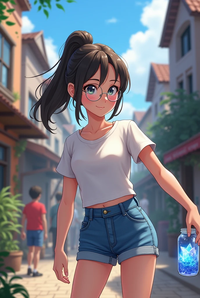 A town young big girl with specs and tied hair in a ponytail wearing white tshirt and blue mini skirt. She noticed a crystal in a jar