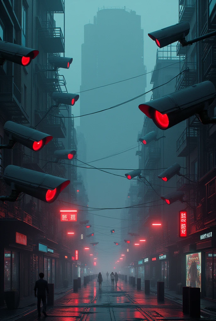 A futuristic city at night, full of neon lights, with surveillance cameras on every corner, covering streets, buildings, houses and vehicles. The cameras have a cold and intimidating design, with bright red lenses. The atmosphere is dark and dense, with a feeling of constant observation.