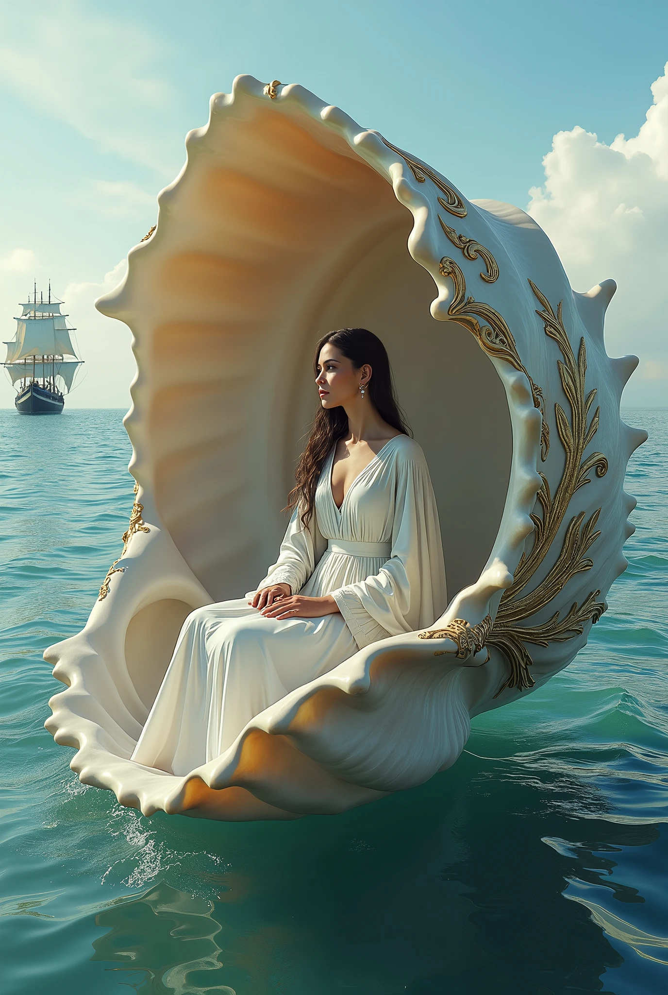 A mythical woman sits in a giant shell by the sea, with a ship in the background, evoking a serene, fantastical scene.
