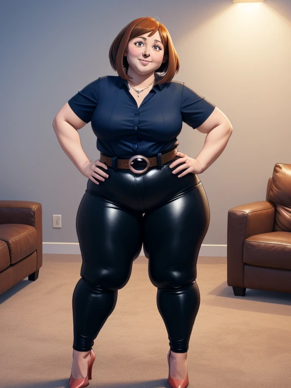 high quality, best quality, beautiful, perfect lighting, detailed face, ((1girl)), ((solo)), Imagine Ochaco Uraraka as an adult, 45yo, MILF, plus sized milf, mature face, fat face, chubby cheeks, slight wrinkles around the face, motherly, mom, short brown hair, brown eyes, ((blush)), smile, looking at viewer, black leather pants, dark blue shirt, white belt, white heels, ((medium breasts)), wide hips, thick thighs, chubby, love handles, muffin-top, round belly, living room, hands on hips,
