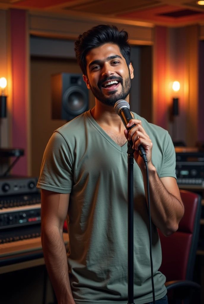 Indian singer male in sound studio with microphone dress tshirt