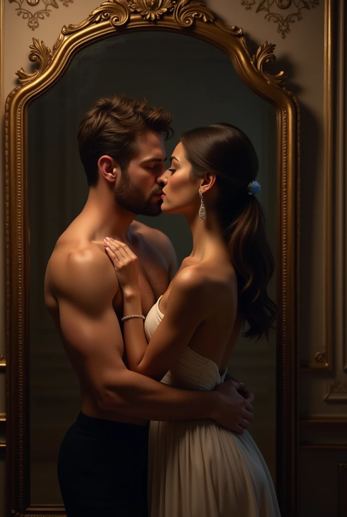 Two people kissing in front of a mirror