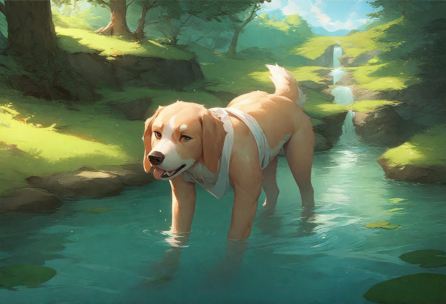Cartoon character dog stanging in a river
