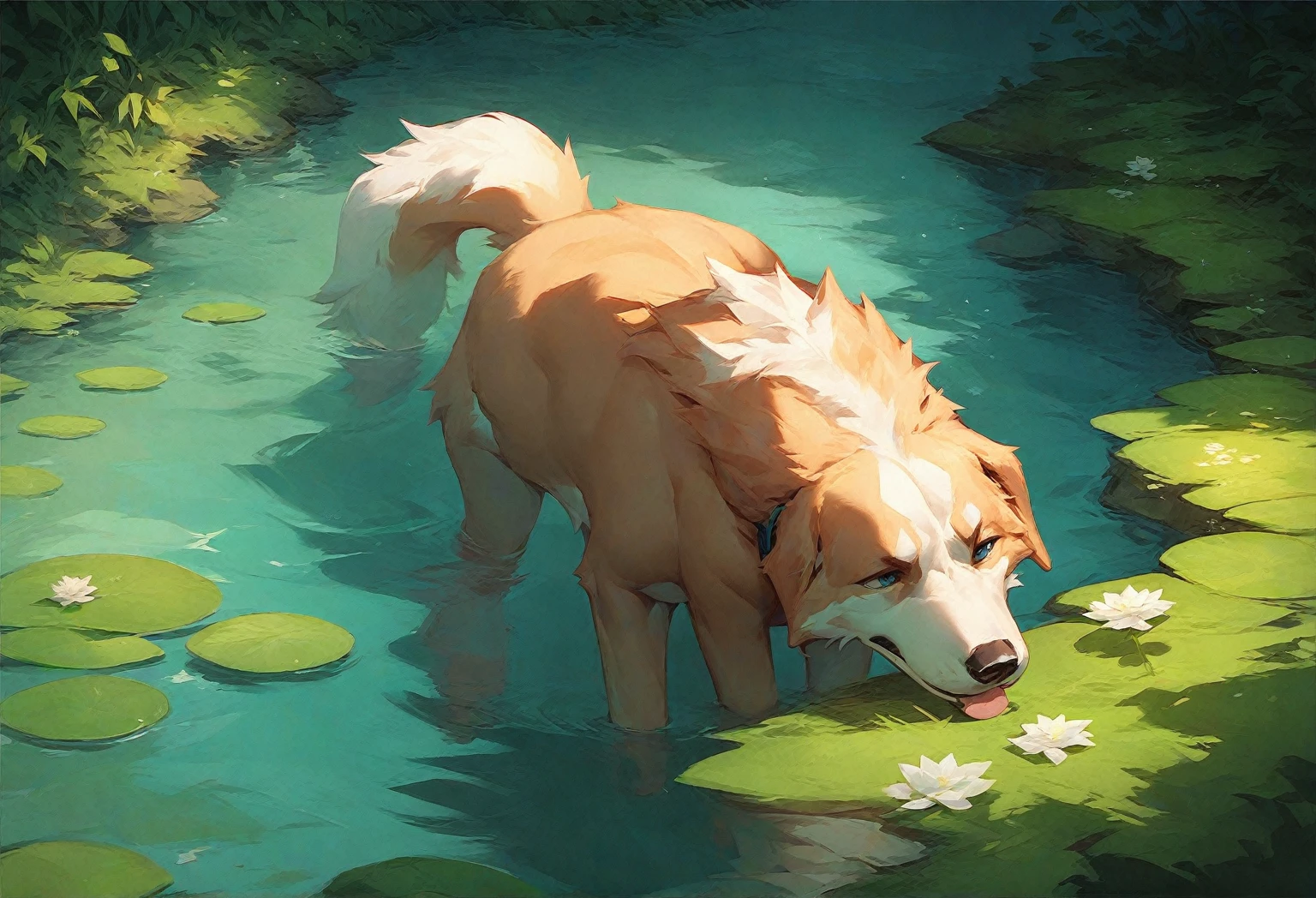 Cartoon character dog stanging in a river