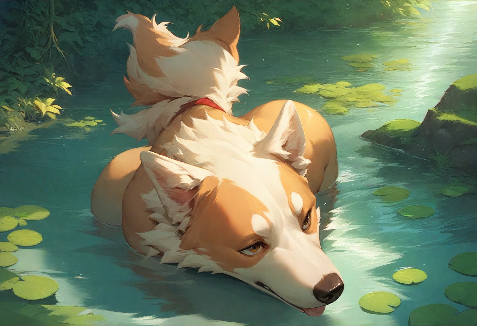 Cartoon character dog stanging in a river