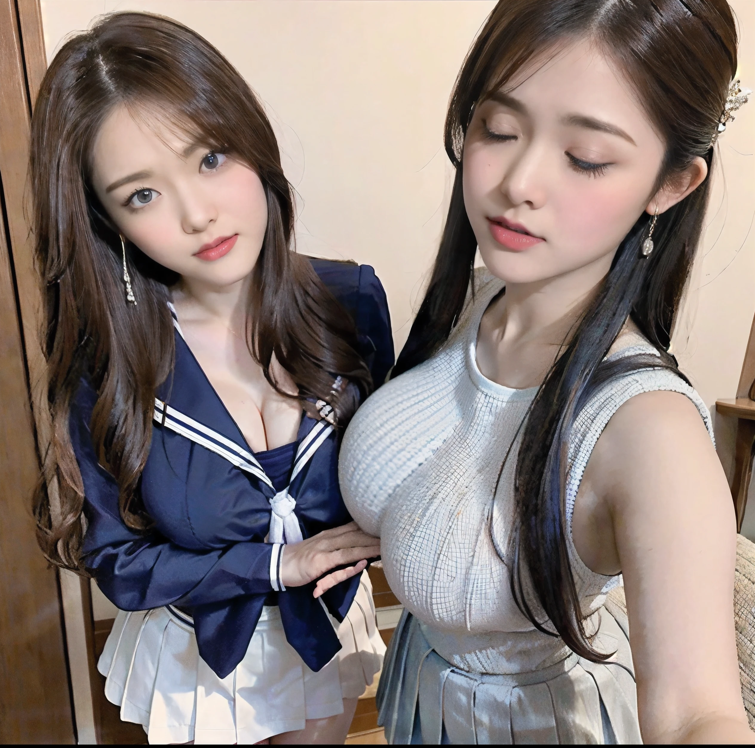 8K quality, Masterpiece, Bright lighting without shadows, Two busty women standing side by side, (Super big breasts squeezed by clothes:1.3), Whitening skin, Sparkling Blue Eyes, (Deep crimson sailor collar uniform), Pleated skirt, Above the knee, Her huge breasts are squeezed by her hands through her clothes, Bend forward to emphasize super busty posture, White panties, Breast Grab, Eyes closed and mouth open, (Emphasize super busty),