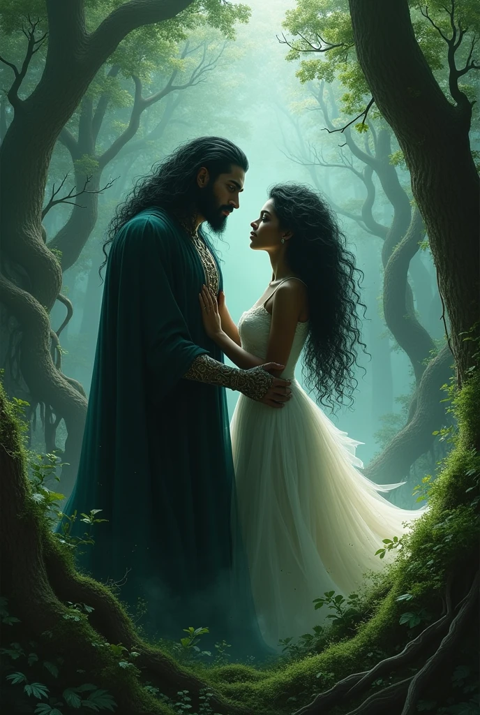 a dark-skinned nymph, with green eyes and curly hair with the god of death with ocean blue eyes and black hair, the two are seen in the middle of the forest, he has her by the neck