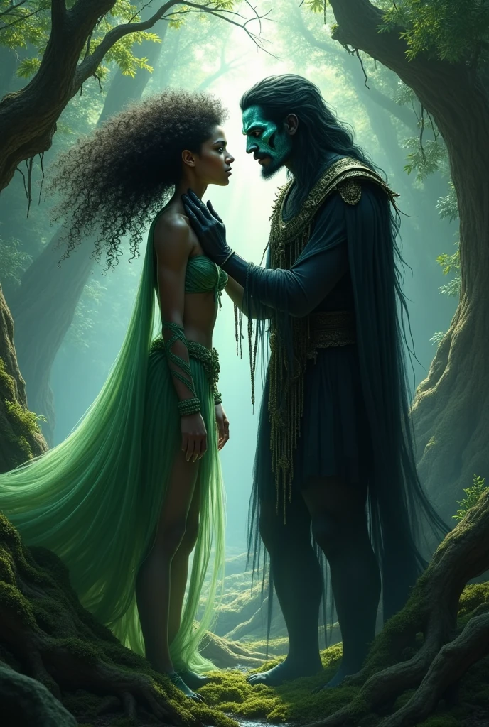 a dark-skinned nymph, with green eyes and curly hair with the god of death with ocean blue eyes and black hair, the two are seen in the middle of the forest, he has her by the neck