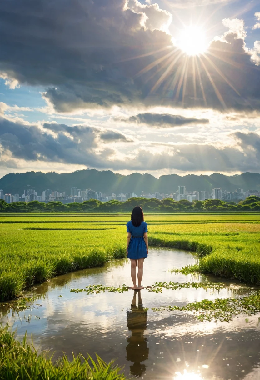 SFW, 1fille, se concentrer uniquement, Point de vue, plan très large, paysage, architecture est-asiatique, lumière du soleil, lever du soleil, flottant, nuage, Ciel, pluie, eau, tout le corps, En plein air, paysage, profondeur de champ