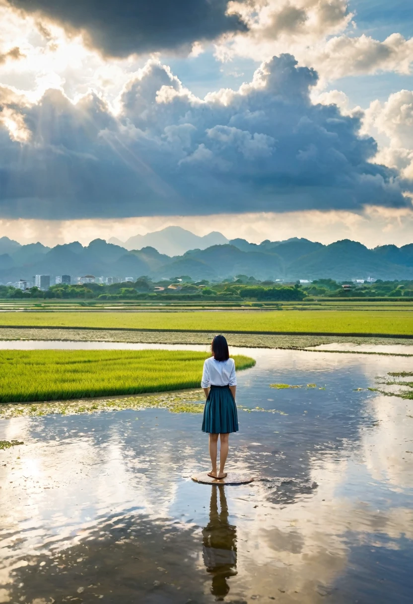SFW, 1fille, se concentrer uniquement, Point de vue, plan très large, paysage, architecture est-asiatique, lumière du soleil, lever du soleil, flottant, nuage, Ciel, pluie, eau, tout le corps, En plein air, paysage, profondeur de champ