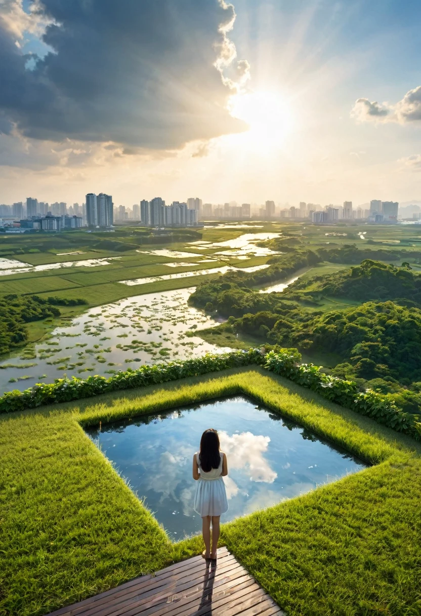 SFW, 1fille, se concentrer uniquement, Point de vue, plan très large, paysage, architecture est-asiatique, lumière du soleil, lever du soleil, flottant, nuage, Ciel, pluie, eau, tout le corps, En plein air, paysage, profondeur de champ