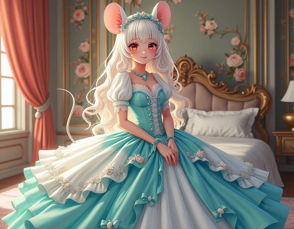 (best quality,4k,8k,highres,masterpiece:1.2), ultra-detailed, Pretty albino girl has a princess, drawn in 2D anime style, steampunk, wearing a iridescent turquoise and white princess gown with puffy sleeves, steampunk, gorgeous frilly dress design,flowing gown, elaborate lace details,rich textures,contrast stitching,delicate ribbon bows, seashells embroidery, full skirt with ocean wave pattern,short sleeves,fitted waistline,flared cuffs,lace-up back,luxurious fabrics,flawless silhouette, long curly white hair and red eyes, white fur, smiling, mouse ears and tail, ribboned high heels, white elbow evening gloves, gold bracelets, tiara made of seashells, beautifully detailed lips with lipstick, long eyelashes, eyeshadow, seashell necklace, in a castle bedroom with intricate decoration and luxurious furniture, flower wallpaper, she is happily checking her new princess dress.