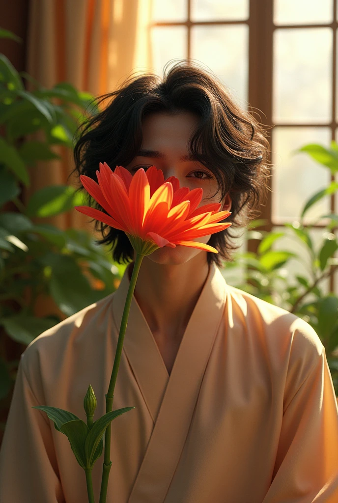 (photorealism:1.2), BTS Kim Seokjin,wearing korean top,covering his face by beautiful flower,pajama pants, long curly hair, indoors, soft lighting, plants in background, window with sunlight, cozy room, relaxed pose, realistic, intricate details, BTS Kimseokjin near her, warm colors,
