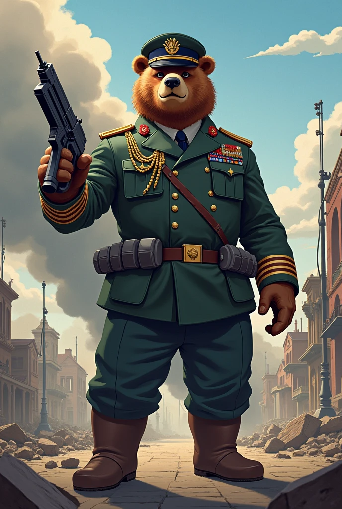 A bear dressed as an army lieutenant and with a gun instead of a right arm (anime styling)