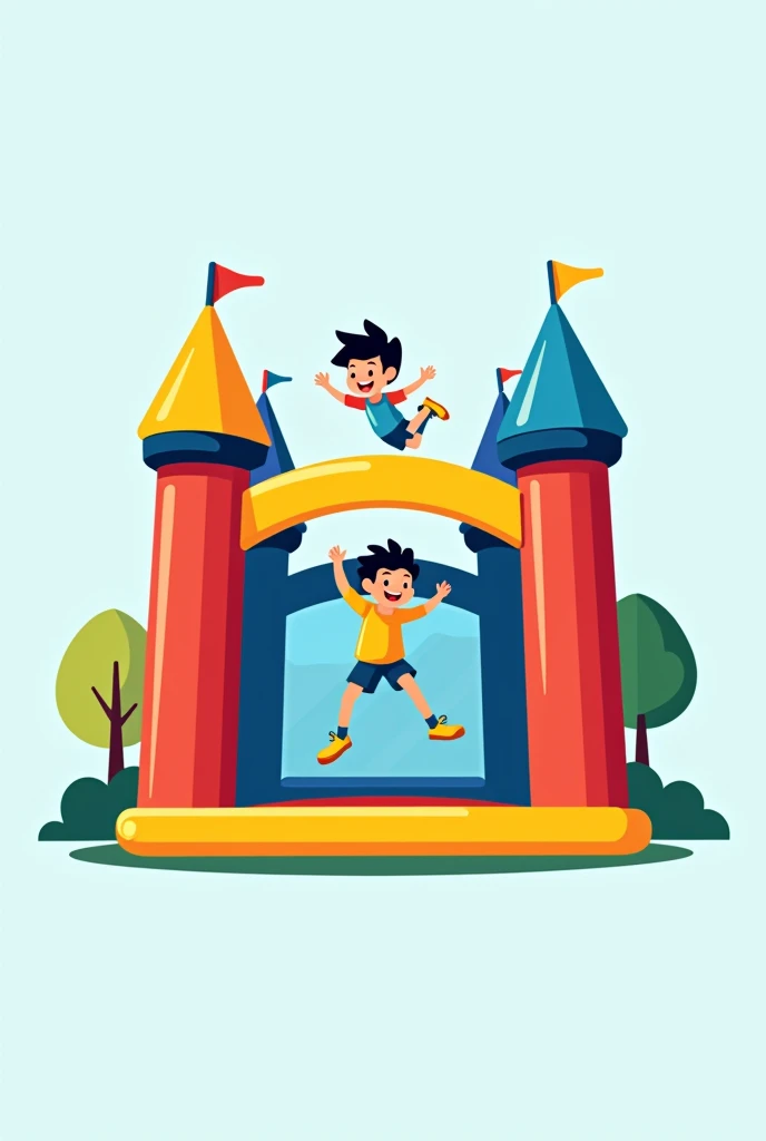 Animated flat logo of a blue, yellow and red colored inflatable castle with the name Brinco Dash in yellow and with a boy and a girl jumping