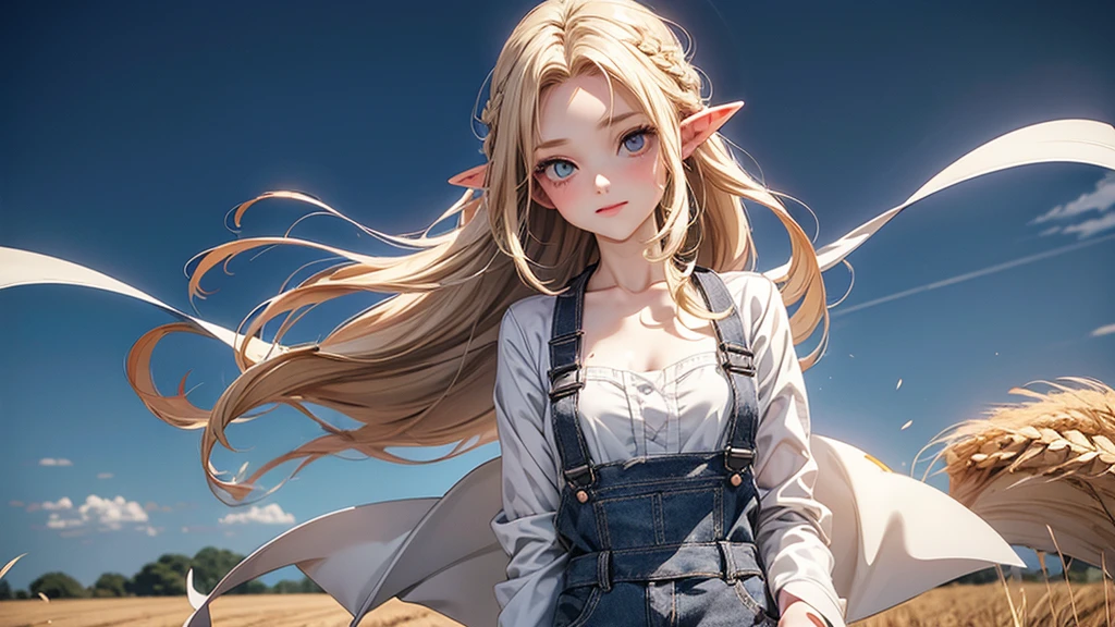 ((Masterpiece)), (Anime:1.5), ((best quality)), (RAW photo:1.2), (High Definition:1.3), (Professional Photography:1.2), (), (1girl), cute young girl, BREAK, (naughty face:1.3), (Beautiful daiamond eyes:1.5), (pale skin), elf girl, wearing Gray Workwear Coveralls, flat chest, slender waist, BREAK, (hair over eyes:1.2), Silky unruly hair, medium hair, ((blond hair)), wearing Gray Workwear Coveralls, (in a wheat field among agricultural machinery), ((low-cut neckline)), (open clothing in the chest area), ((Ukrainian flag on the background in the field))