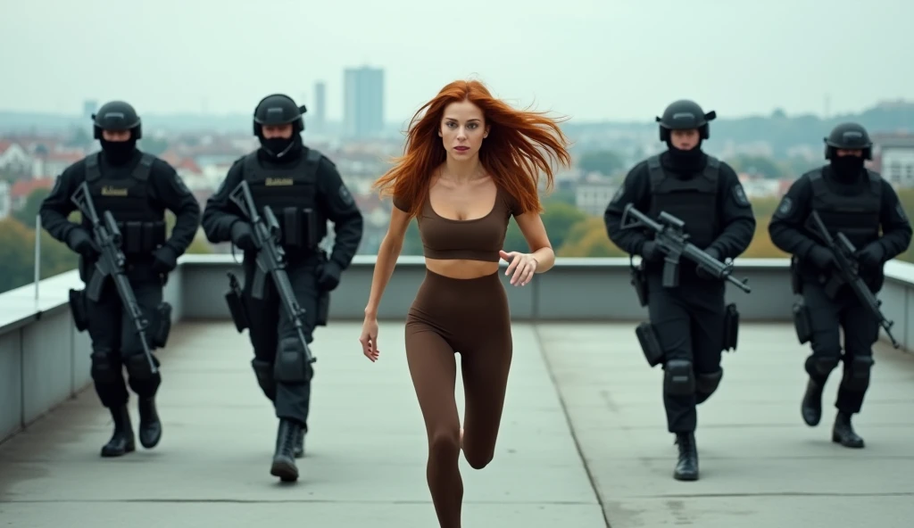 View from the back of five armed swat team officers in black uniforms running very fast and try to but behind 2 model Alex with red long wavy hair, wearing tight dark brown scrunch butt leggings showing all of the curves of her butt and dark brown sleeveless crop-top and brown tennis shoes she is running very fast on flat roof of building with a view on Vienna she is getting very close to the edge of the roof and ready to jump,, candid, shot on color Kodak Vision 3 lenses by Roger Deakins, overcast but dry September morning,