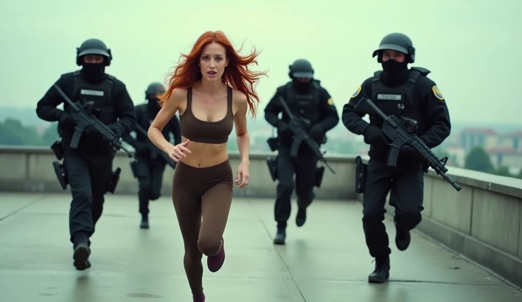 View from the back of five armed swat team officers in black uniforms running very fast and try to but behind 2 model Alex with red long wavy hair, wearing tight dark brown scrunch butt leggings showing all of the curves of her butt and dark brown sleeveless crop-top and brown tennis shoes she is running very fast on flat roof of building with a view on Vienna she is getting very close to the edge of the roof and ready to jump,, candid, shot on color Kodak Vision 3 lenses by Roger Deakins, overcast but dry September morning,