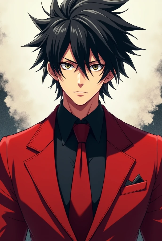 Male character in anime style with black hair and a red suit