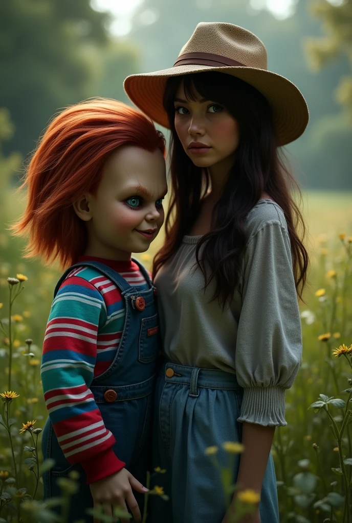 A brunette woman, wearing a straw hat next to the character chucky