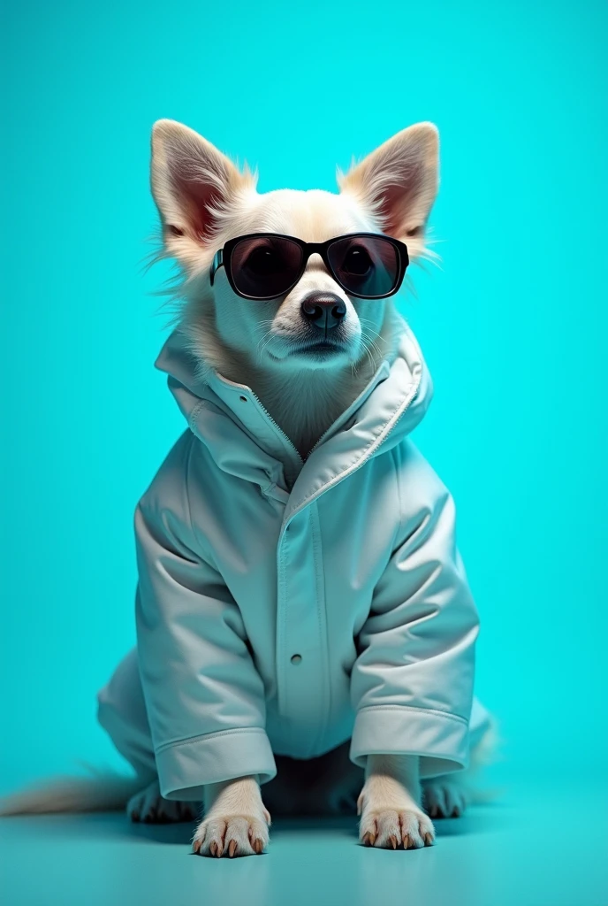 The best cell phone wallpaper, Award-Winning Wallpaper, portrait photography, In the front view is a portrait of a cute dog wearing mid-1960s space age fashion, Side view photo, Shot with Canon EOS R5, Set a strong contrast that accentuates the subject, Fluorescent blue tone, Wearing a very modern coat and sunglasses is a modern 1960s style, Clothes all in one color, beautiful background