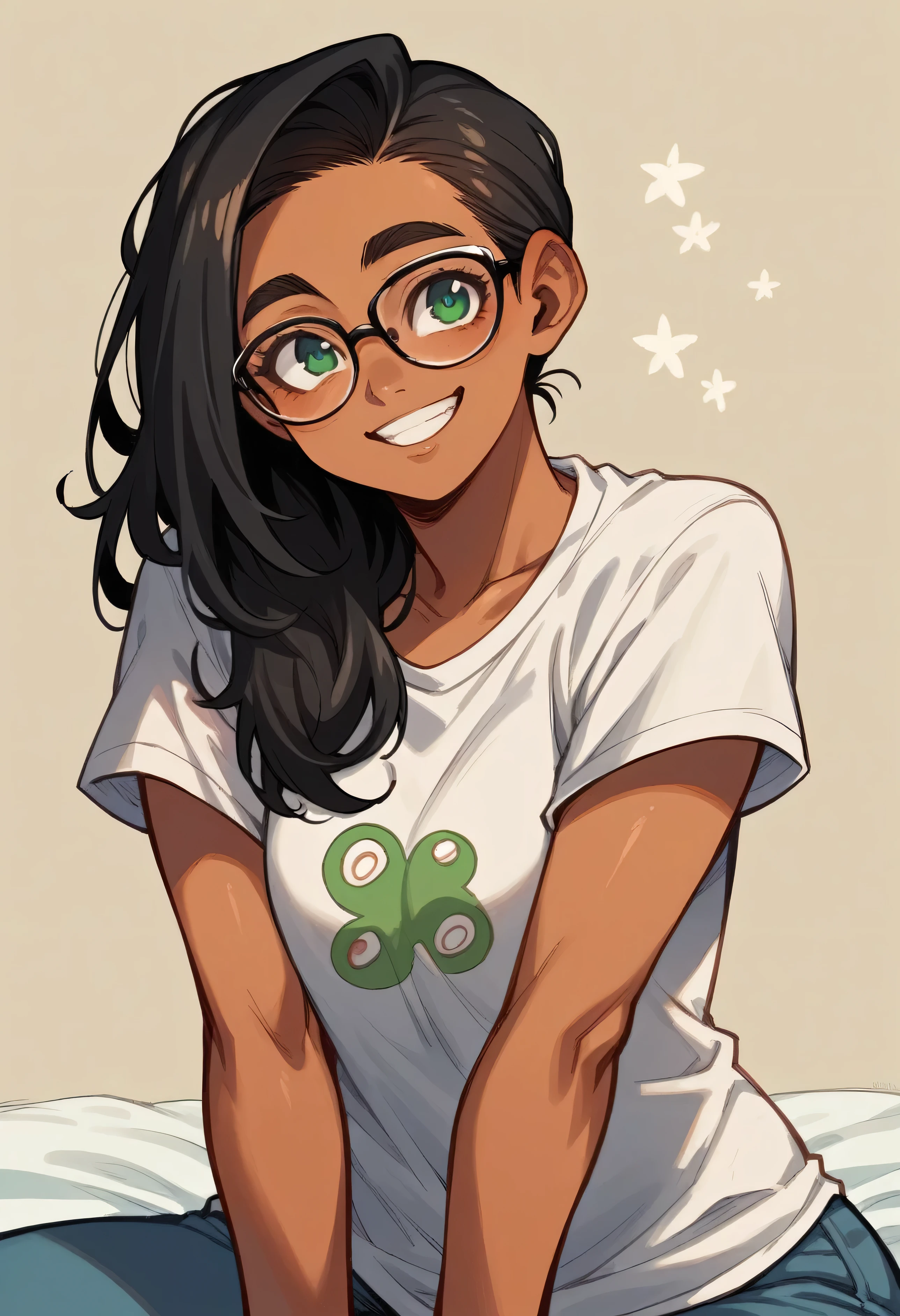 1 woman, airhead but very intelligent, mixed race Latina, olive green eyes,tan skin ,dark complexion, straightened and tied long black hair,nerd, glasses, wearing geek t-shirt,smile,manga style line, bedroom in background