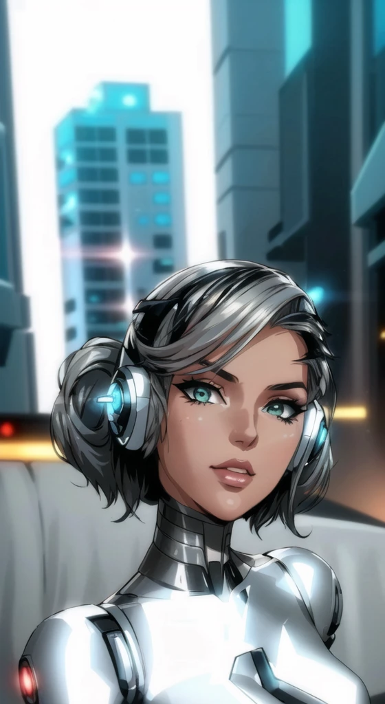 There is a woman in a silver suit with headphones., futuristic look, futuristic style, cyborg model, futuristic hairstyle, barbie cyborg, cyborg - girl, cyber style, elegant futuristic woman, cyborg - girl with silver hair, cyborg girl, portrait of a futuristic woman, very futuristic, cyborg fashion photo, retro futuristic style, futuristic art style, futuristic aesthetic