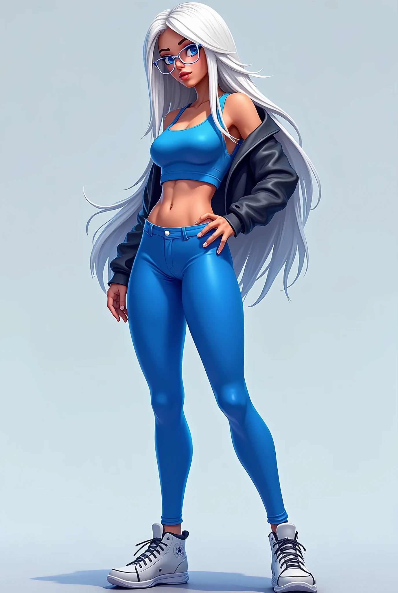 fortnite style girl, long white hair, Broad Hips, blue colored eyes, Wearing allstar sneakers, glasses, top azul cobalto sexy legging preta justa, fully body
