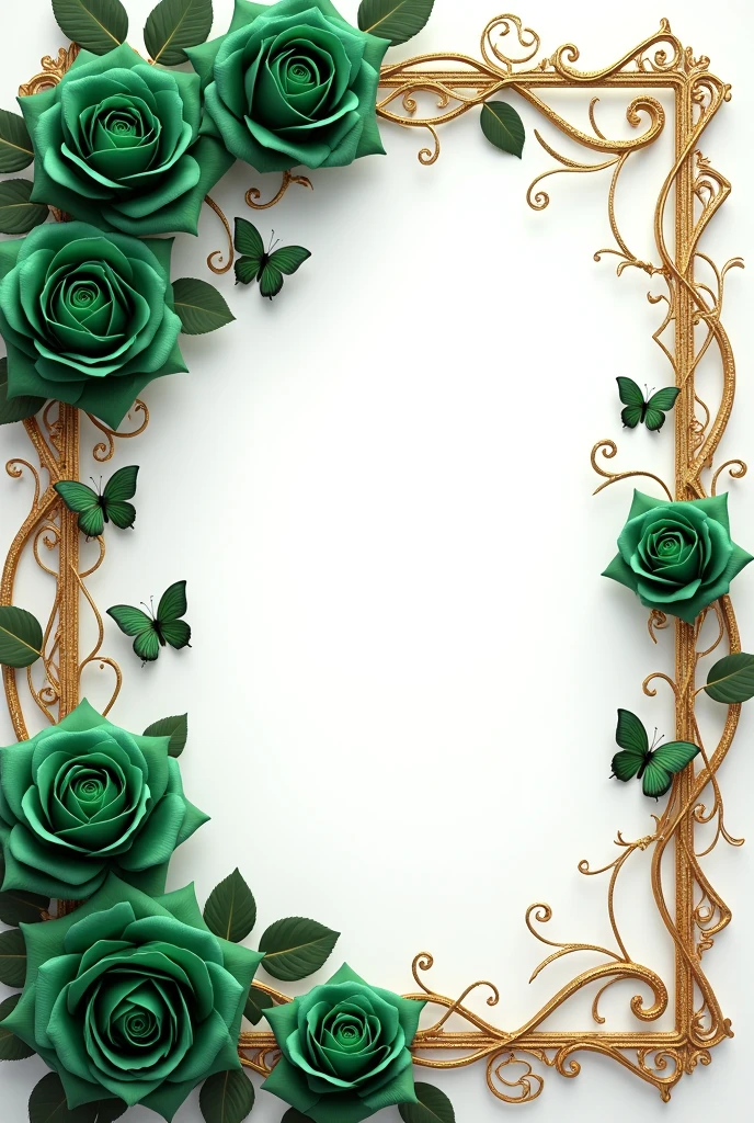 Hazme unas rosas Emerald green en fondo blanco.
Golden details intertwined with roses, including leaves, Stylized tendrils and butterflies Symmetrical design with roses and gold elements forming a decorative border General style: luxurious, Elegant and sophisticated color palette: Emerald green, dark green and gold Visual effect: brilliant and lavish, as a high-end decoration The result should evoke a feeling of opulence and refinement.